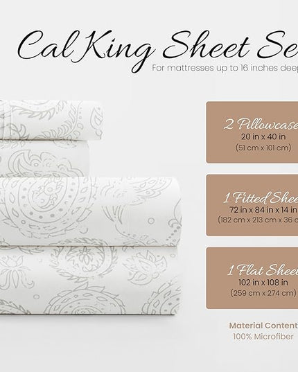 4 Piece California King Bedding Sheet Set (Gray Floral) - Sleep Better Than Ever with These Ultra-Soft & Cooling Bed Sheets for Your Cal King Size Bed - Deep Pocket Fits 16" Mattress - LeafyLoom