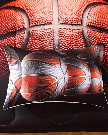 Teens Boys Sports Comforter Set Full,Basketball Bedding Set for Kids,Sports Orange Basketball Comforter Sets,Black Teenage Boy Bedroom Bed Set 3 Pieces with Pillowcases - LeafyLoom