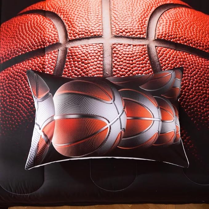 Teens Boys Sports Comforter Set Full,Basketball Bedding Set for Kids,Sports Orange Basketball Comforter Sets,Black Teenage Boy Bedroom Bed Set 3 Pieces with Pillowcases - LeafyLoom