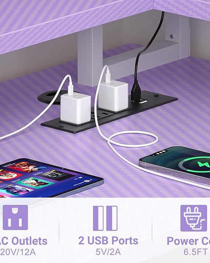 armocity L Shaped Computer Desk with Power Outlets, Gaming LED Lights, Corner Storage Shelves, Work Study for Bedroom, Home Office Small Spaces, 47'', Carbon Fiber Purple - LeafyLoom