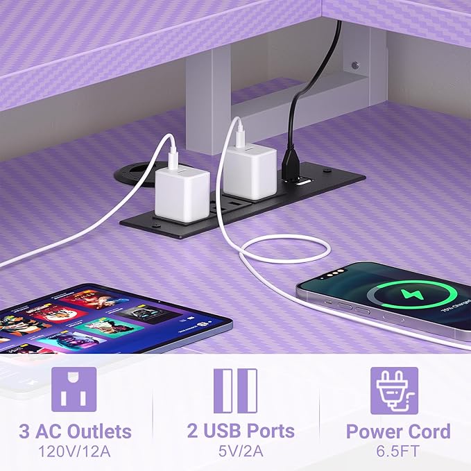 armocity L Shaped Computer Desk with Power Outlets, Gaming LED Lights, Corner Storage Shelves, Work Study for Bedroom, Home Office Small Spaces, 47'', Carbon Fiber Purple - LeafyLoom