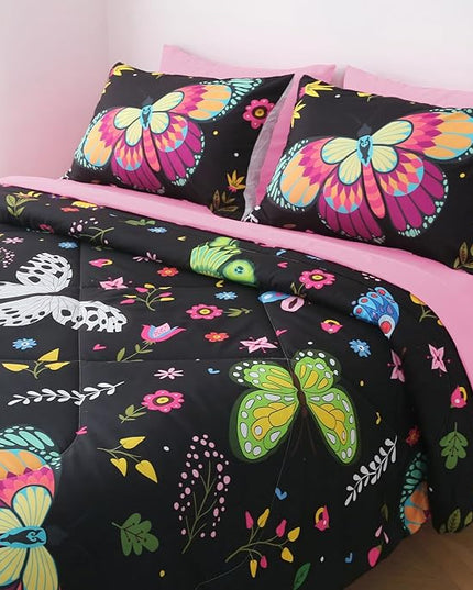 Girls Butterfly Comforter Set Twin Size Colorful Flowers Leaves Bedding Set for Kids Teens Black 7 Piece Bed in A Bag Super Soft All Season - LeafyLoom