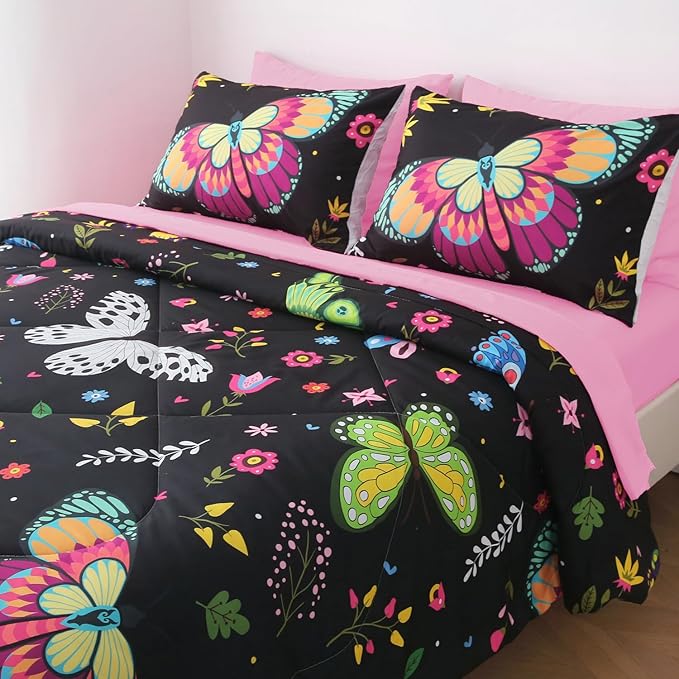 Girls Butterfly Comforter Set Twin Size Colorful Flowers Leaves Bedding Set for Kids Teens Black 7 Piece Bed in A Bag Super Soft All Season - LeafyLoom