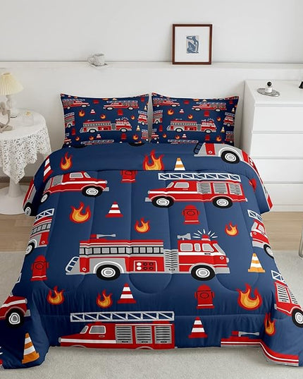 Cartoon Car Bedding Set Fire Truck Comforter Set for Kids Boys Girls Teens Room Decor Firefighter Comforter Firemen Car Vehicle Fire Engine Blue Red Duvet Set 3Pcs Queen Size - LeafyLoom