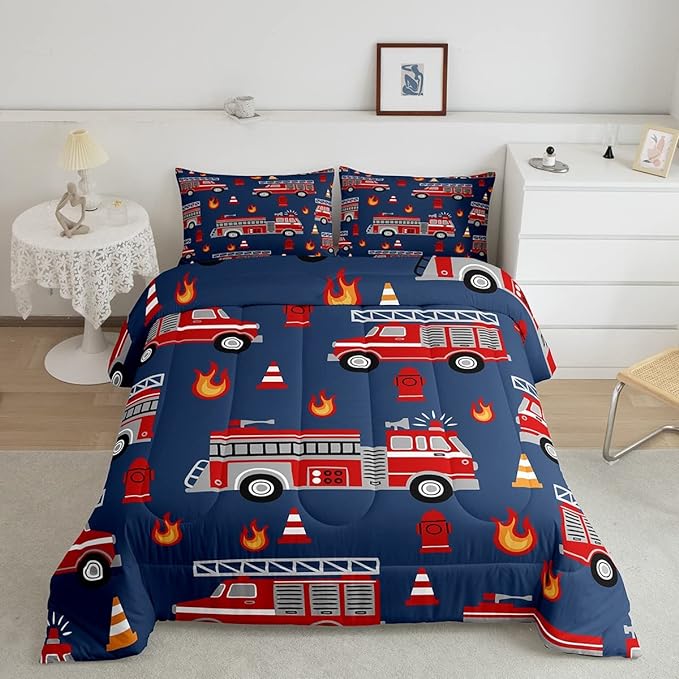 Cartoon Car Bedding Set Fire Truck Comforter Set for Kids Boys Girls Teens Room Decor Firefighter Comforter Firemen Car Vehicle Fire Engine Blue Red Duvet Set 3Pcs Queen Size - LeafyLoom