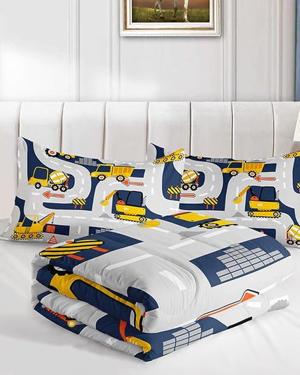 Axolotl Cartoon Excavator Bedding Set Full,Tractor Truck Bedding Set,Boys Construction Bedding Set,Yellow Vehicles Truck Comforter Construction Site Decor for Kids Boys Teens,1 Quilt 2 Pillowcases - LeafyLoom