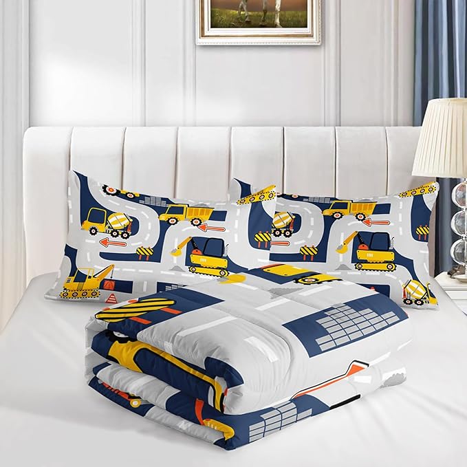 Axolotl Cartoon Excavator Bedding Set Full,Tractor Truck Bedding Set,Boys Construction Bedding Set,Yellow Vehicles Truck Comforter Construction Site Decor for Kids Boys Teens,1 Quilt 2 Pillowcases - LeafyLoom