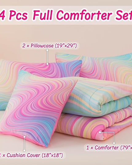 4 Pcs Pink Full Comforter Set for Girls, Tie Dye Superior Kids Teen Bedding Sets, Blue Pink Rainbow Full Size Bedding Set for Girls - LeafyLoom