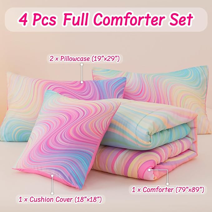 4 Pcs Pink Full Comforter Set for Girls, Tie Dye Superior Kids Teen Bedding Sets, Blue Pink Rainbow Full Size Bedding Set for Girls - LeafyLoom