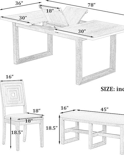 78Inch Dining Table Set for 6, Extendable Dining Table with 18" Butterfly Leaf, 4 Upholstered Dining Chairs and Bench, Kitchen Table Set for Dining Room, White+Grey - LeafyLoom