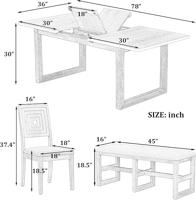 78Inch Dining Table Set for 6, Extendable Dining Table with 18" Butterfly Leaf, 4 Upholstered Dining Chairs and Bench, Kitchen Table Set for Dining Room, White+Grey - LeafyLoom