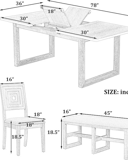 6-Piece Dining Set, Wood Extendable 78inch Kitchen Table with 18" Butterfly Leaf, 4 Upholstered Chairs & Long Bench, Natural, 60"-78" L x 36" W x 30" H - LeafyLoom