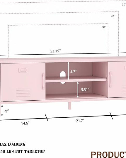 TV Stand for 55 60 inch TV, Metal TV Cabinet Modern Mid Century Entertainment Center with Storage, TV Industrial Media Console Table 2 Cabinet for Living Room, Bedroom, Office (Pink) - LeafyLoom