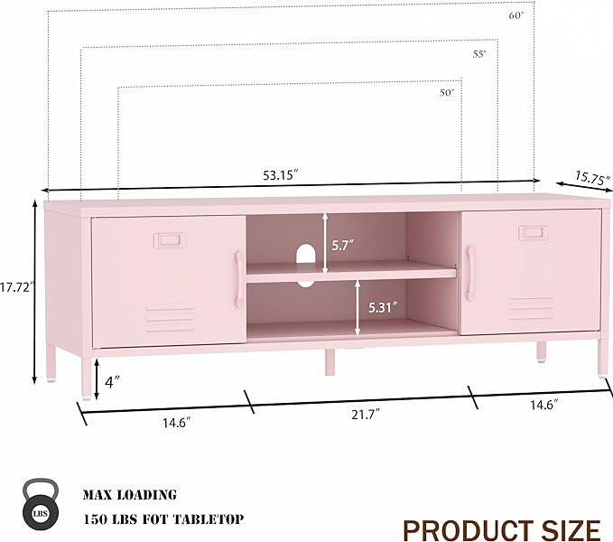 TV Stand for 55 60 inch TV, Metal TV Cabinet Modern Mid Century Entertainment Center with Storage, TV Industrial Media Console Table 2 Cabinet for Living Room, Bedroom, Office (Pink) - LeafyLoom