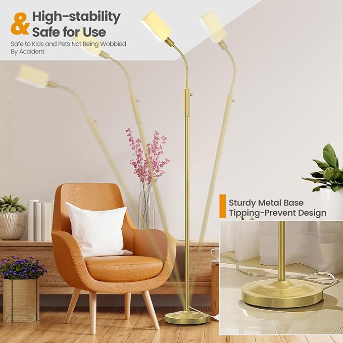 Stepless Dimmable Floor Lamp, Modern Reading Floor Lamp with Adjustable Metal Gooseneck, Standing Lamp for Living Room Bedroom Office Home Decor, 9W E26 Base Bulb Included(Gold) - LeafyLoom