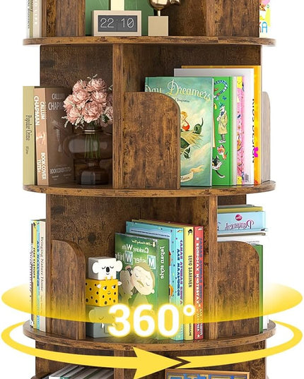Rotating Bookshelf, Corner Bookshelf, 360 Display Wood Spinning Bookcase Storage Rack, Floor Standing Revolving Bookcase Narrow Book Shelf Organizer for Small Space, Bedroom, Rustic Brown - LeafyLoom