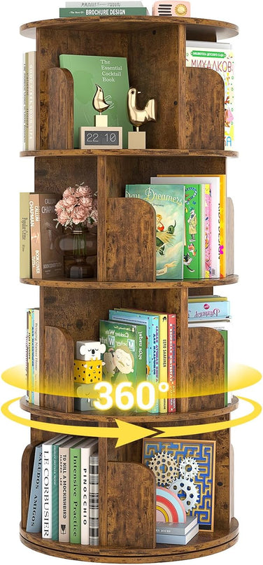 Rotating Bookshelf, Corner Bookshelf, 360 Display Wood Spinning Bookcase Storage Rack, Floor Standing Revolving Bookcase Narrow Book Shelf Organizer for Small Space, Bedroom, Rustic Brown - LeafyLoom