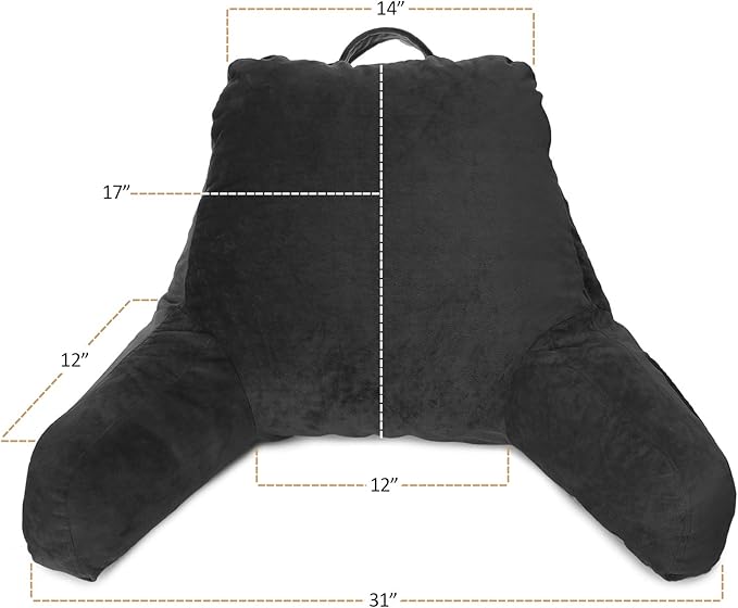 Clara Clark Reading Pillow, Standard Back Pillow for Sitting Up in Bed, Memory Foam Back Support Pillow, Reading Pillows for Sitting in Bed, Black Sit Up Pillow for Bed Chair Arm Pillow with Pockets - LeafyLoom