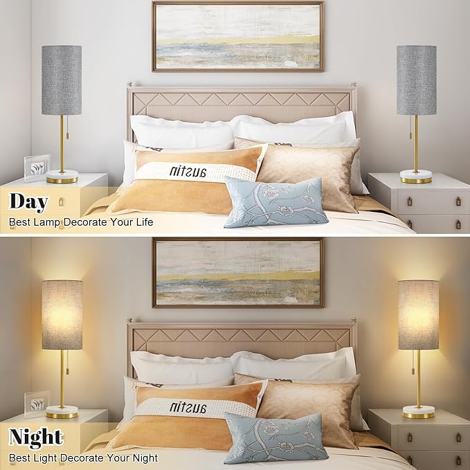 Luvkczc Minimalist Table Lamp Set of 2, Nightstand Lamp for Bedroom Living Room, Modern Pull Chain Bedside Lamp with Marble Base, Fabric Shade, Small Desk Lamp for Home, Office, Reading,Grey - LeafyLoom