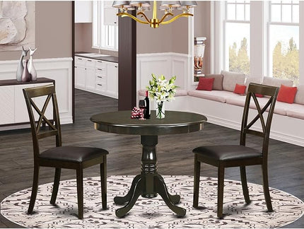 East West Furniture ANBO3-CAP-LC 3 Piece Set for Small Spaces Contains a Round Kitchen Table with Pedestal and 2 Faux Leather Dining Room Chairs, 36x36 Inch - LeafyLoom