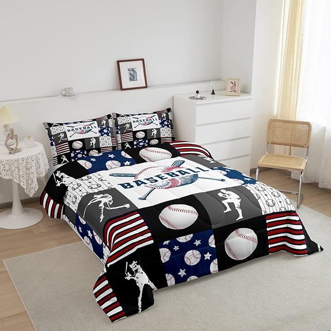 Teen Boy Sports Baseball Twin Bedding Set,Kids Baseball Athlete Comforter Set,Grunge Hippie Tie Dye Ball Bed Comforter Sets Room Decor Patchwork Pattern 1 Pillow Case（Red Blue Black White Grey） - LeafyLoom