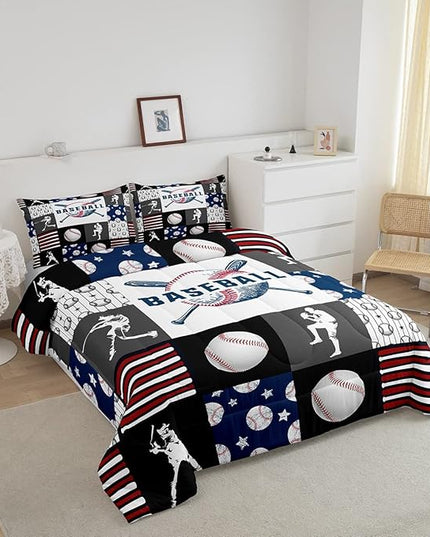 Teen Boy Sports Baseball King Bedding Set,Kids Baseball Athlete Comforter Set,Grunge Hippie Tie Dye Ball Bed Comforter Sets Room Decor Patchwork Pattern 2 Pillow Cases（Red Blue Black White Grey） - LeafyLoom