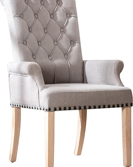 Dining Room Chairs with Arms,Tufted Upholstered High Back Nailed Trim with Untique Oak Wood Legs for Kitchen Restaurant Room Bedroom - LeafyLoom
