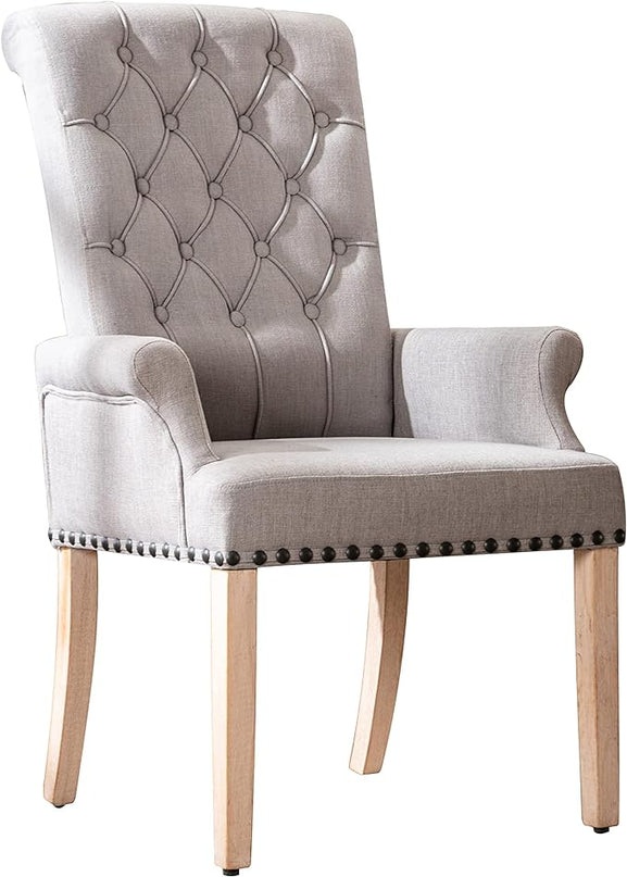 Dining Room Chairs with Arms,Tufted Upholstered High Back Nailed Trim with Untique Oak Wood Legs for Kitchen Restaurant Room Bedroom - LeafyLoom