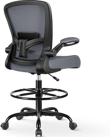 FelixKing Drafting Chair Ergonomic Tall Office Chair, Breathable Mesh Chair with Adjustable Footrest Ring Lumbar Support Flip-up Armrests, High Back Executive Comfy Task Computer Chair for Home Office - LeafyLoom