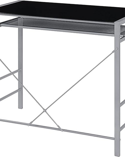 OSP Home Furnishings Zephyr Computer Desk with Keyboard Shelf and Tempered Glass Top, Black Glass and Silver Frame - LeafyLoom
