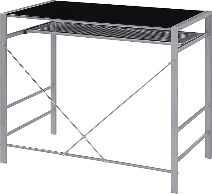 OSP Home Furnishings Zephyr Computer Desk with Keyboard Shelf and Tempered Glass Top, Black Glass and Silver Frame - LeafyLoom