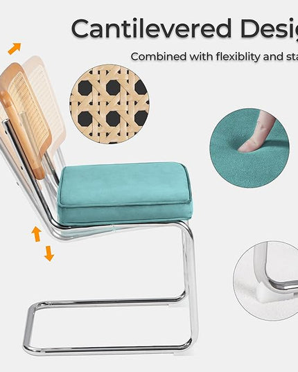 Dining Chair Set of 2, Mid-Century Modern Rattan Dining Chairs with Metal Chrome Legs, Natural Cane Backrest Upholstered for Home Kitchen，Dining Room and Patio, Aqua Blue - LeafyLoom