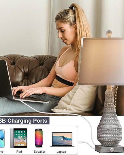 BOBOMOMO 3-Way 24.5" Dimmable Touch Control Table Lamp Set of 2 with Dual USB for Bedroom Living Room Bedside Nightstand Lamps - LeafyLoom
