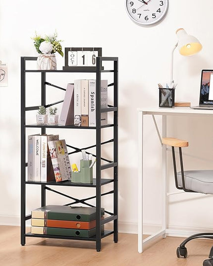 Yoobure 4 Tier Bookshelf - Small Book Shelf Industrial Bookcase, Narrow Book Case Book Storage Organizer for CD/Movie/Book, Bookshelves for Bedroom Office Living Room Black - LeafyLoom