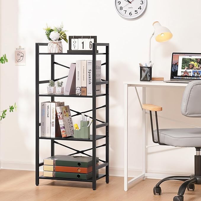 Yoobure 4 Tier Bookshelf - Small Book Shelf Industrial Bookcase, Narrow Book Case Book Storage Organizer for CD/Movie/Book, Bookshelves for Bedroom Office Living Room Black - LeafyLoom