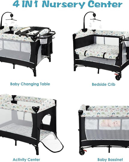 Kinder King 4 in 1 Portable Nursery Center, Foldable Baby Bedside Crib w/Bassinet, Infant Pack n Play Playard Toddler Large Playpen, Newborn Changing Table, Storage Basket, Side Zipper,Multicolour - LeafyLoom
