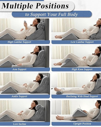 Axelrod 4PCS Orthopedic Bed Wedge Pillow Set, Post Surgery Foam for Back, Neck and Leg Pain Relief Comfortable & Adjustable Ortho Pillows- Anti Snoring, Heartburn, Acid Reflux & GERD Sleeping Grey - LeafyLoom