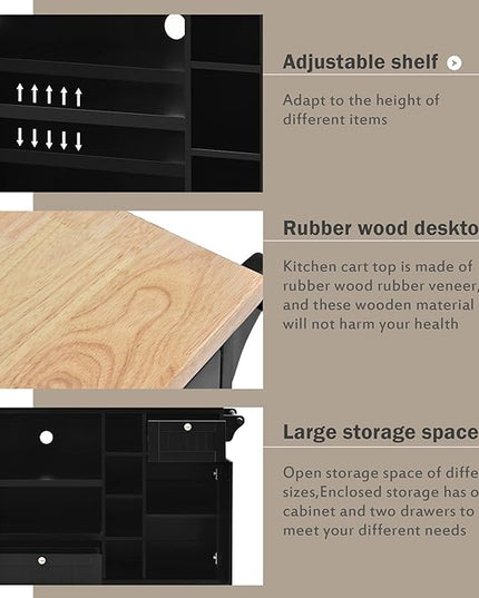 Kitchen Island with Storage on Wheels,Kitchen Island Cart w/Wine Storage Rack and 2 Drawers, Solid Wood Desktop Buffet Server Sideboard for Dining Room, Coffee Bar - LeafyLoom