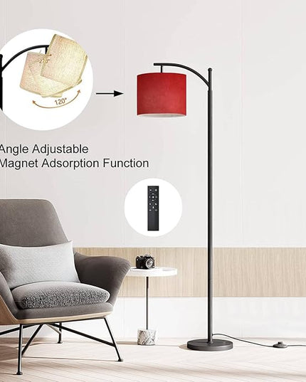 Modern Arc Floor Lamp with Dimmer Mid Century Abstract red Brushed Texture Cement Concrete Metal Standing Lamp with Linen Shade Footswitch for Living Room Bedroom Office - LeafyLoom