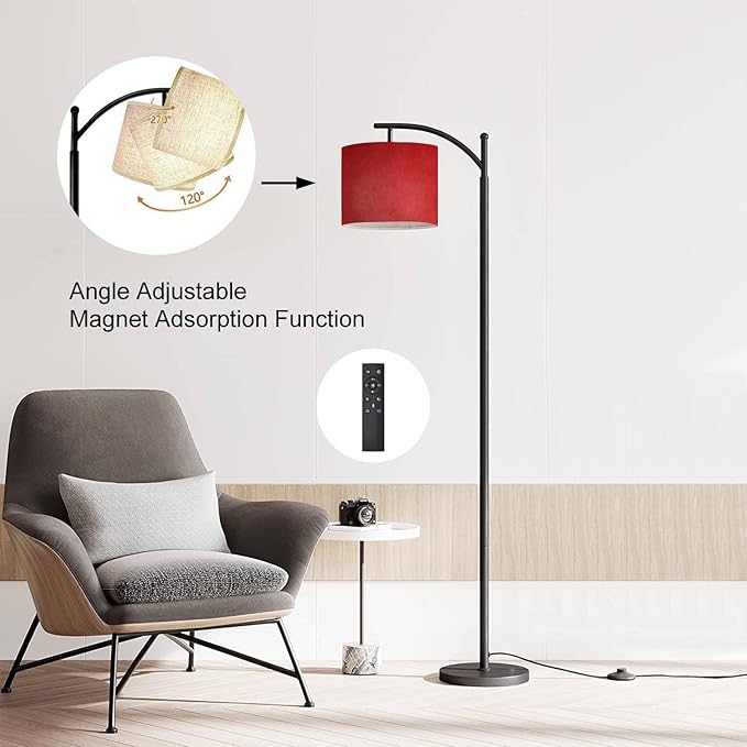 Modern Arc Floor Lamp with Dimmer Mid Century Abstract red Brushed Texture Cement Concrete Metal Standing Lamp with Linen Shade Footswitch for Living Room Bedroom Office - LeafyLoom