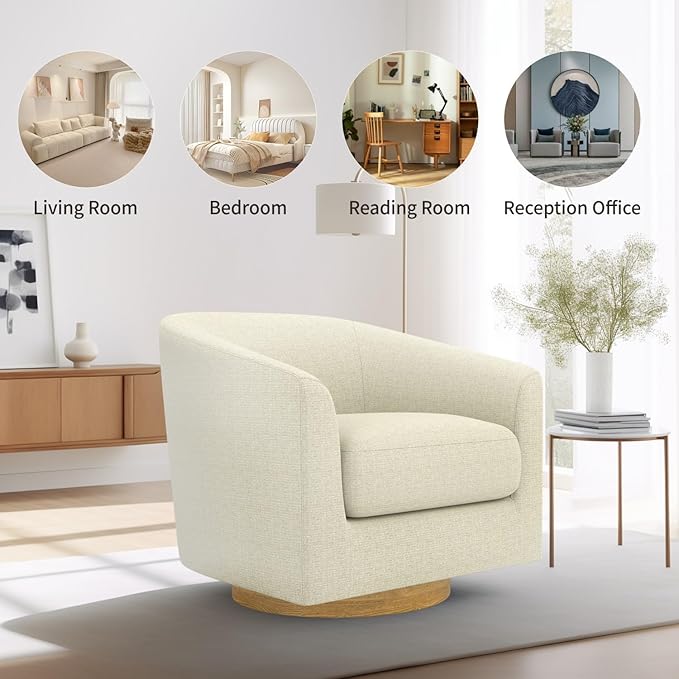 MUUEGM Accent Chair with Arms, 360 Degree Swivel Accent Chair with Wood Base, Modern Barrel Chair for Living Room, Bedroom, Waiting Room, Fully Assembled,Performance Fabric in Gesso White - LeafyLoom