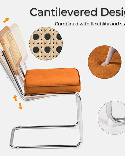 Dining Chair Set of 2, Mid-Century Modern Rattan Dining Chairs with Metal Chrome Legs, Natural Cane Backrest Upholstered for Home Kitchen，Dining Room and Patio, Orange - LeafyLoom