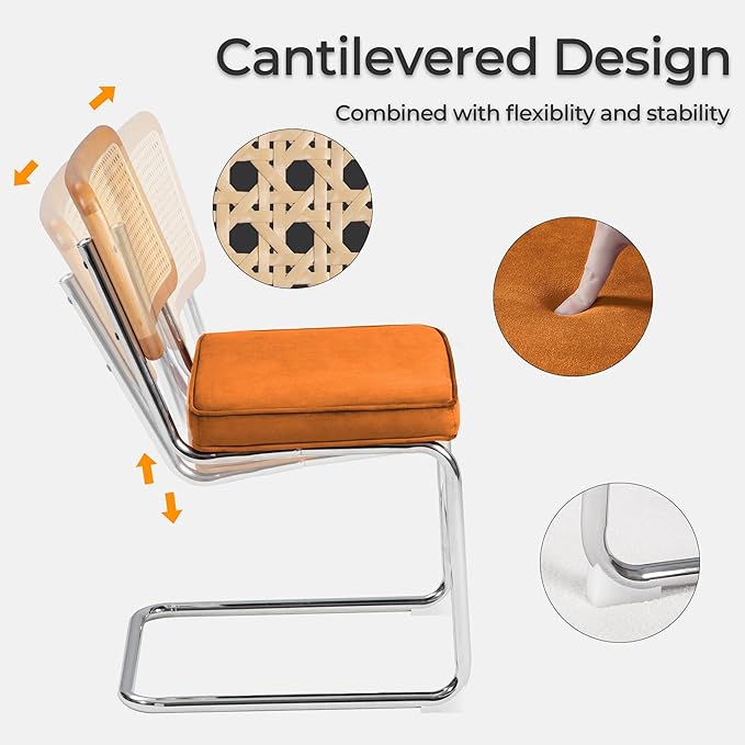 Dining Chair Set of 2, Mid-Century Modern Rattan Dining Chairs with Metal Chrome Legs, Natural Cane Backrest Upholstered for Home Kitchen，Dining Room and Patio, Orange - LeafyLoom