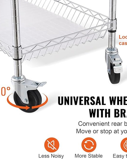 VEVOR Kitchen Utility Cart, 3 Tiers, Wire Rolling Cart with 661 LBS Capacity, Steel Service Cart on Wheels, Metal Storage Trolley with 80 mm Deep Basket Curved Handle PP Liner 6 Hooks, NSF Listed - LeafyLoom