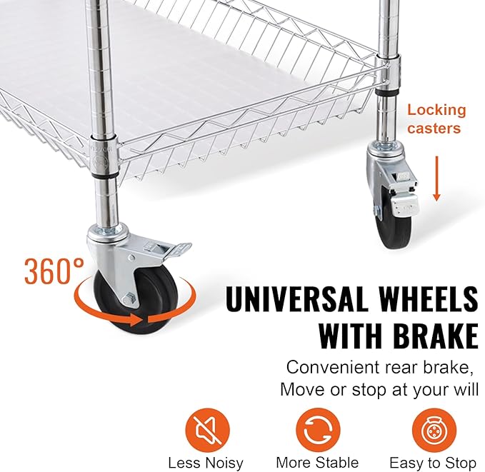 VEVOR Kitchen Utility Cart, 3 Tiers, Wire Rolling Cart with 661 LBS Capacity, Steel Service Cart on Wheels, Metal Storage Trolley with 80 mm Deep Basket Curved Handle PP Liner 6 Hooks, NSF Listed - LeafyLoom