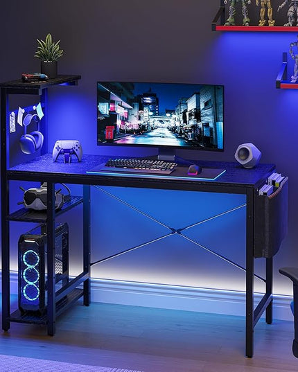 Bestier Gaming Desk with LED Lights, 44 Inch PC Gamer Desk for Small Spaces, Computer Desk with Reversible Storage Shelves & Side Storage Bag (Black Grained) - LeafyLoom