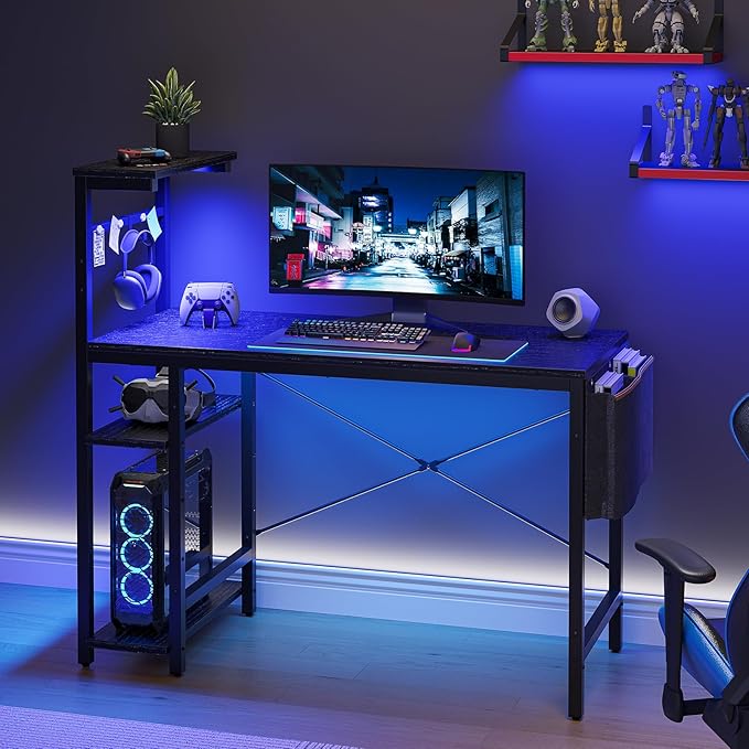 Bestier Gaming Desk with LED Lights, 44 Inch PC Gamer Desk for Small Spaces, Computer Desk with Reversible Storage Shelves & Side Storage Bag (Black Grained) - LeafyLoom