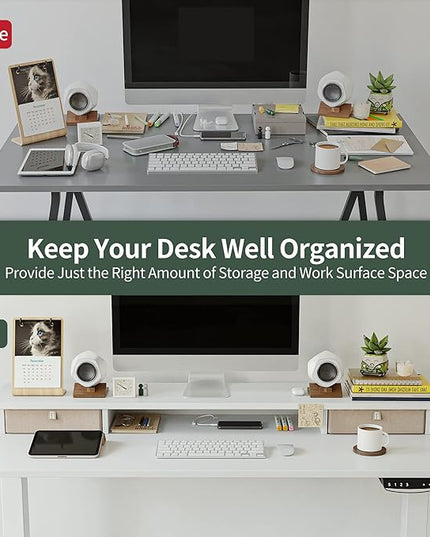 FEZIBO 55 x 24 Inch Height Adjustable Electric Standing Desk with Double Drawer, Stand Up Desk with Storage Shelf, Sit Stand Desk, White - LeafyLoom