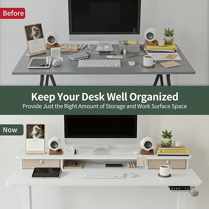FEZIBO 55 x 24 Inch Height Adjustable Electric Standing Desk with Double Drawer, Stand Up Desk with Storage Shelf, Sit Stand Desk, White - LeafyLoom