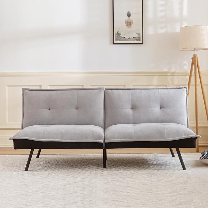 Futon Couch,3" Memory Foam Small Splitback, Polyester Fabric Cover Modern Loveseat for Living, Apartment,Studio,Guest Room,Home Office,71" L Sofa Bed, Light Gray - LeafyLoom